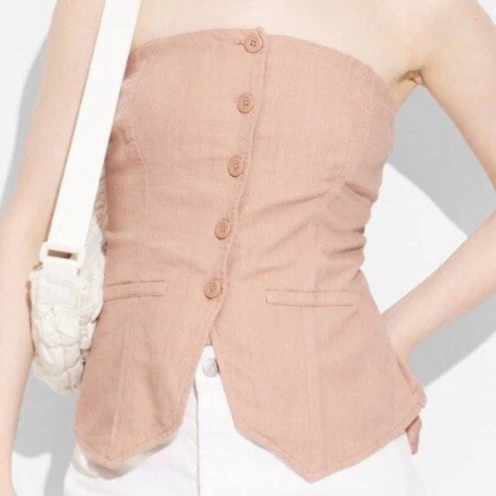 Wild Fable Women's linen blend Tan Button-Up Strapless Top